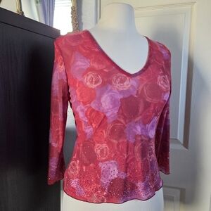 Vintage 2000s red pink floral mesh sheer top size M Express world brand